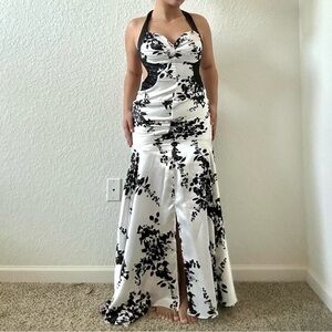 Elegant Black & White Floral Halter Evening Gown